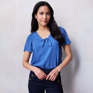 NWT LC Lauren Conrad Woven Tie Front V-Neck Tee Blouse Blue sz L Casual Office